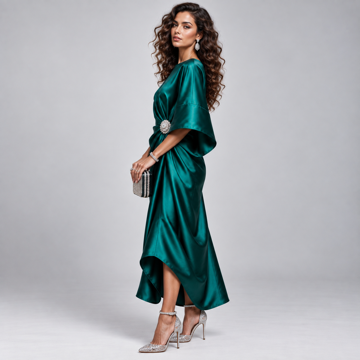 Vestido Midi Cruzado y Acampanado con Mangas Amplias | Corte Fluido y Femenino | Estilo para Bodas y Eventos Especiales