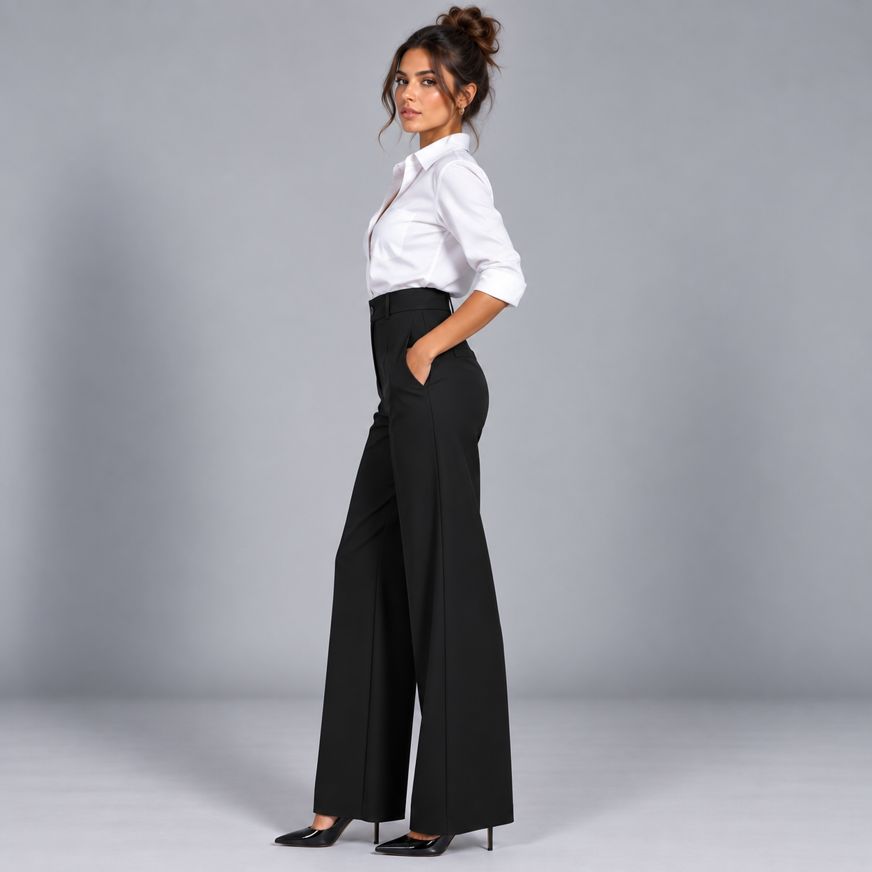 Pantalón de Talle Alto y Corte Recto | Cinturilla Elástica y Pliegues Delanteros | Estilo Versátil para Oficina y Fin de Semana