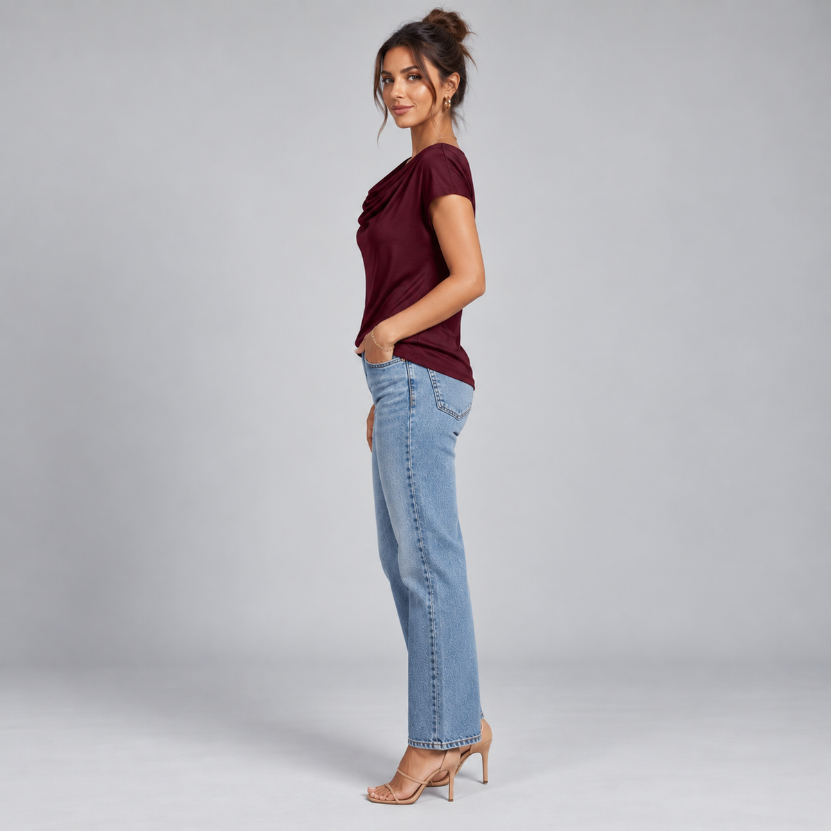 Top de Jersey Elástico para Mujer con Cuello Vuelto | Ajuste Slim | Cuello Alto, Mangas Largas, Comodidad Elástica | De Oficina a Noche