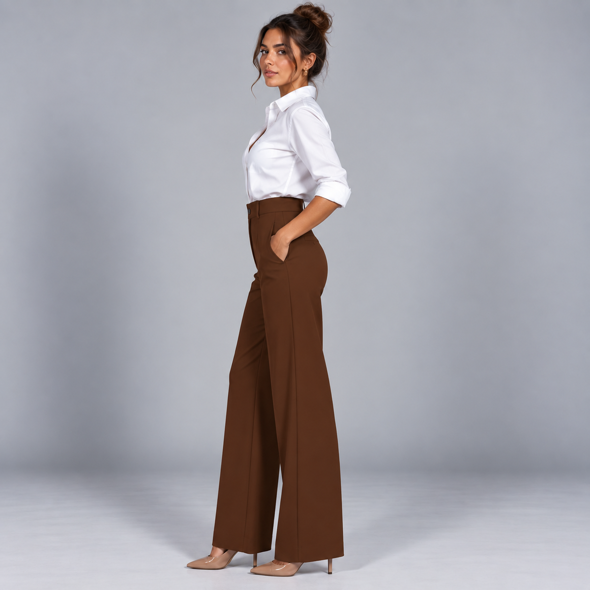 Pantalón de Talle Alto y Corte Recto | Cinturilla Elástica y Pliegues Delanteros | Estilo Versátil para Oficina y Fin de Semana
