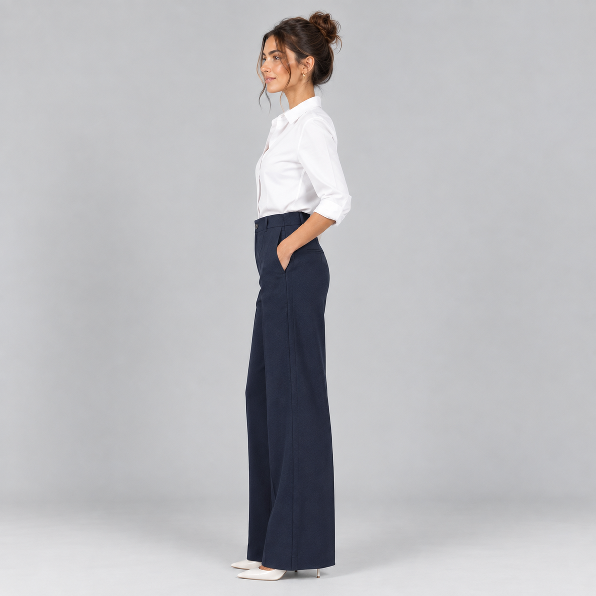 Pantalón de Talle Alto y Corte Recto | Cinturilla Elástica y Pliegues Delanteros | Estilo Versátil para Oficina y Fin de Semana