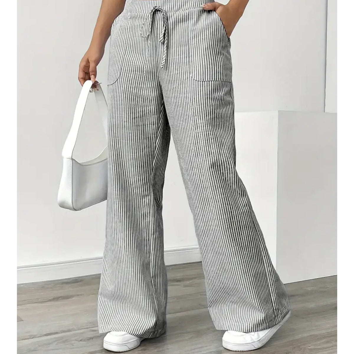 Pantalones palazzo para mujer con cintura de cordón y bolsillos