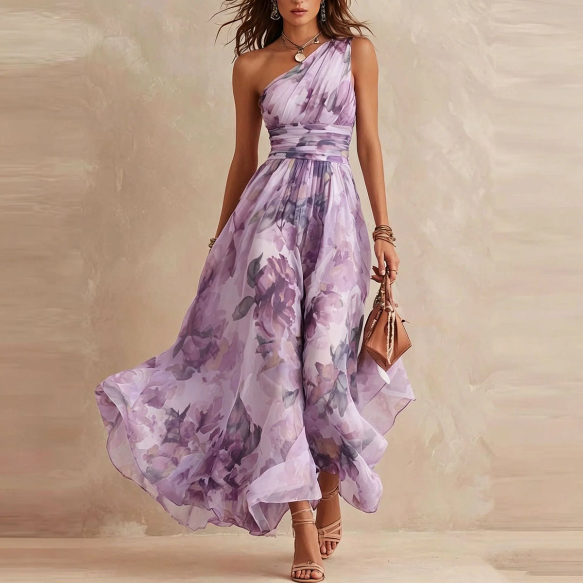 Vestido largo de mujer con escote asimétrico