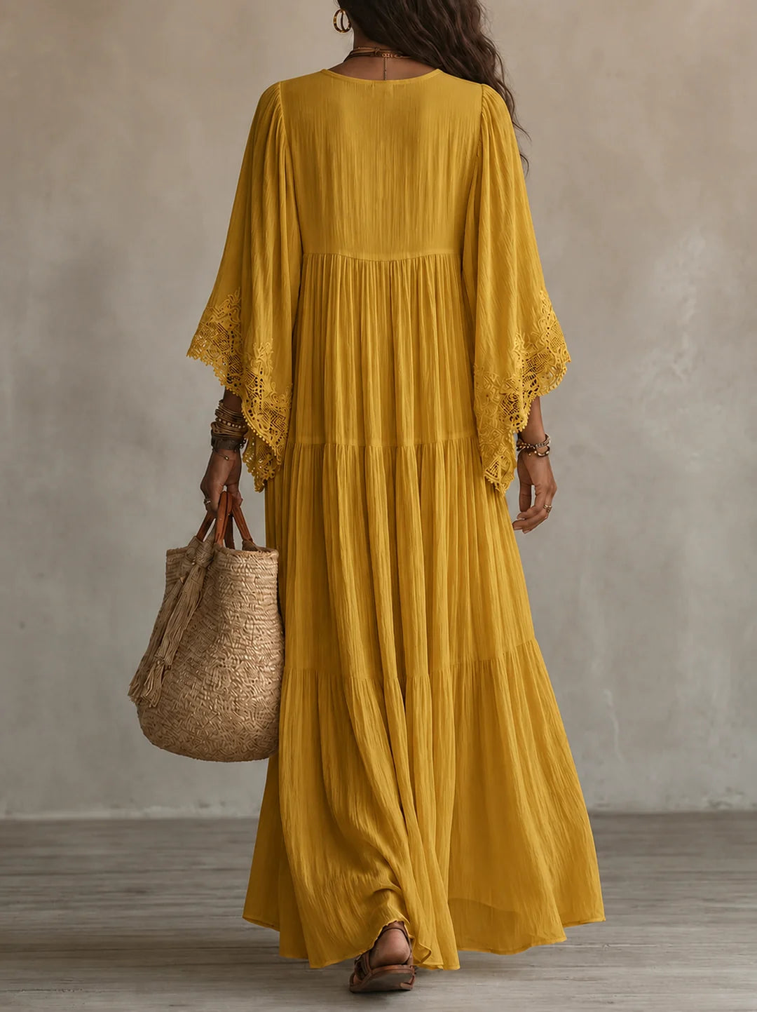 Vestido largo de gasa para mujer con encaje y falda de volantes