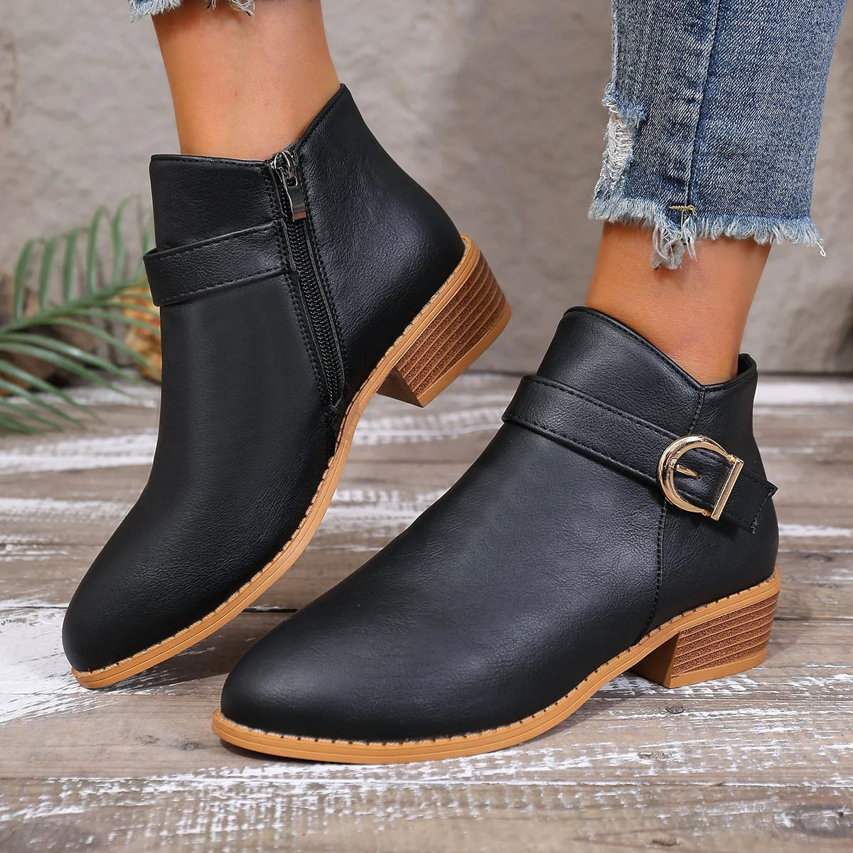 Botines de piel sintética para mujer con cremallera lateral