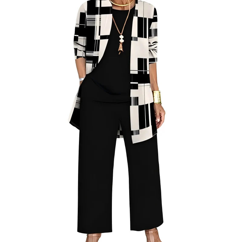 Conjunto de tres piezas para mujer con cárdigan largo estampado