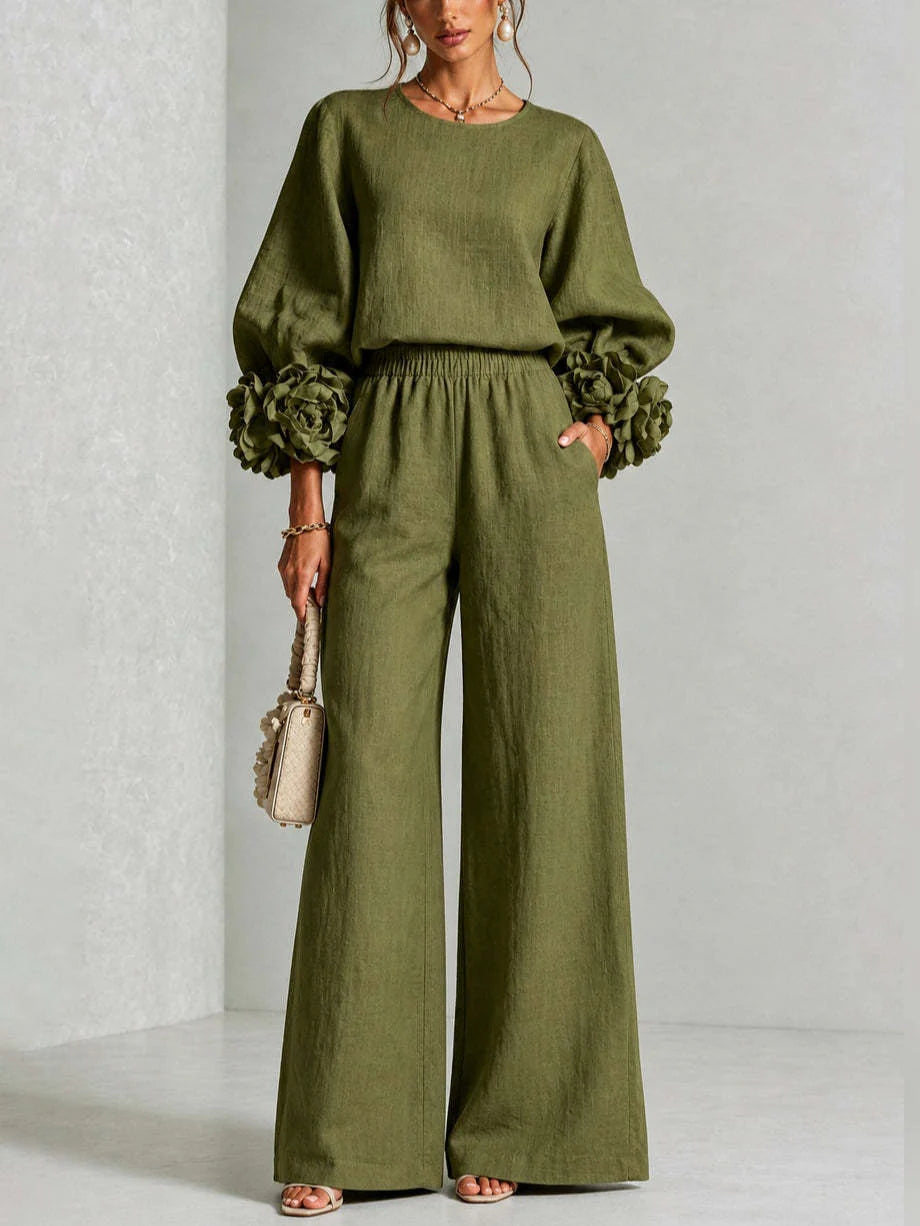Conjunto de dos piezas para mujer con cintura alta y puños florales
