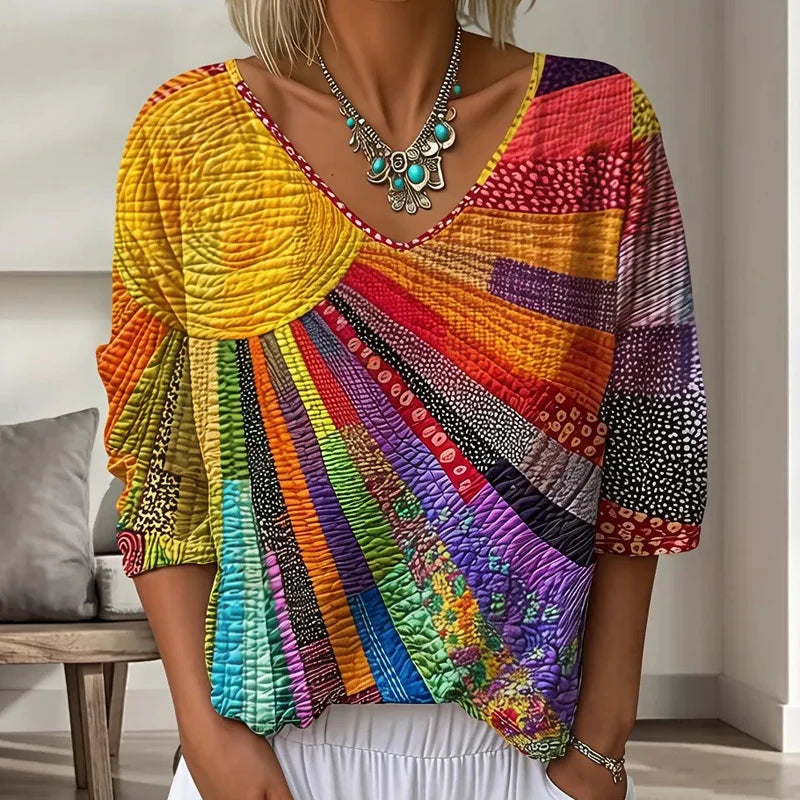 Blusa de parches para mujer con escote en V y mangas 3/4