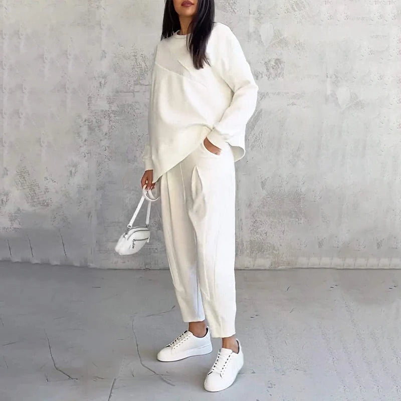Conjunto de sudadera para mujer de mezcla de algodón con dobladillo asimétrico