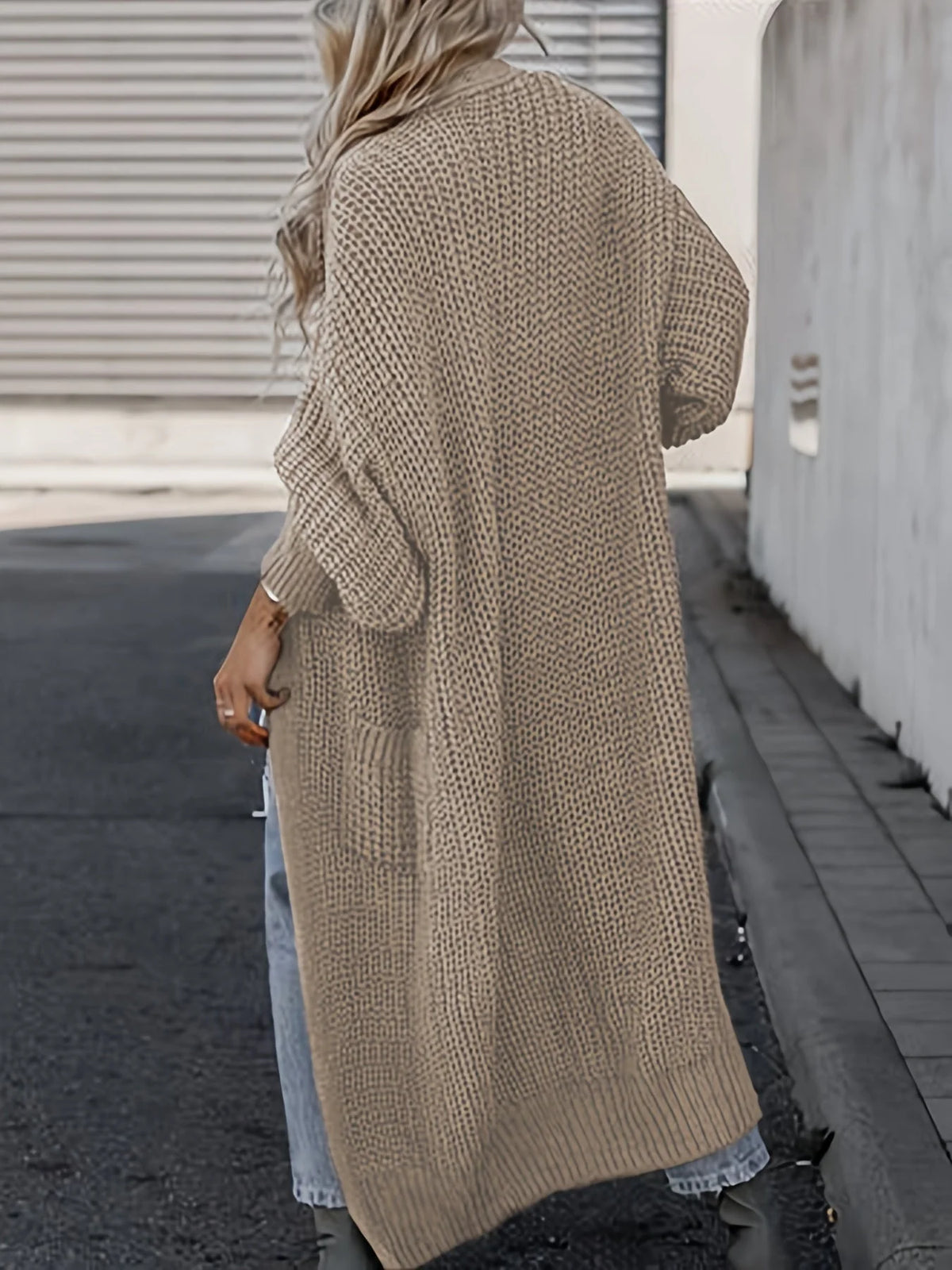 Cardigan maxi de punto fino para mujer con bolsillos laterales