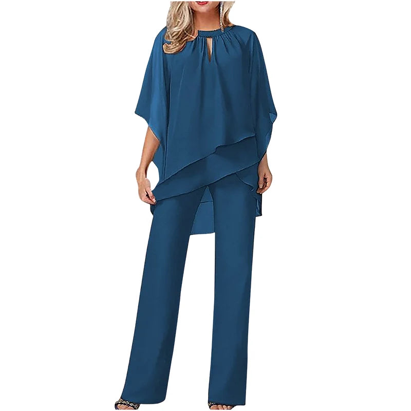 Conjunto de mujer con blusa asimétrica y pantalón de pierna ancha