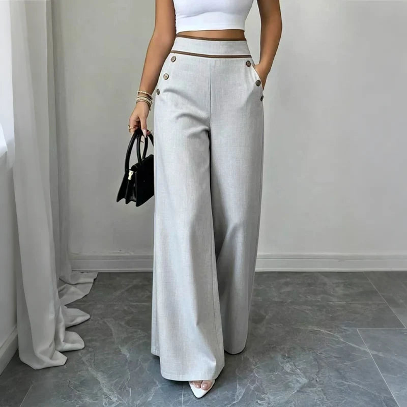 Pantalones amplios entallados para mujer con botones decorativos