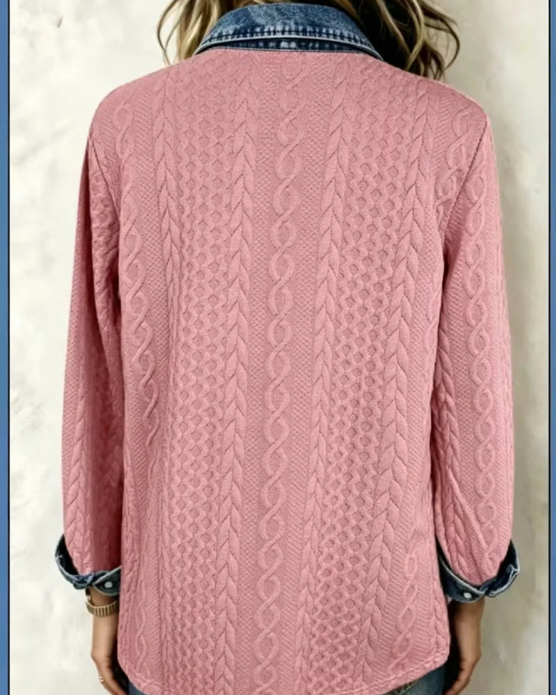 Camiseta de manga larga trenzada para mujer con aplicaciones de tela vaquera