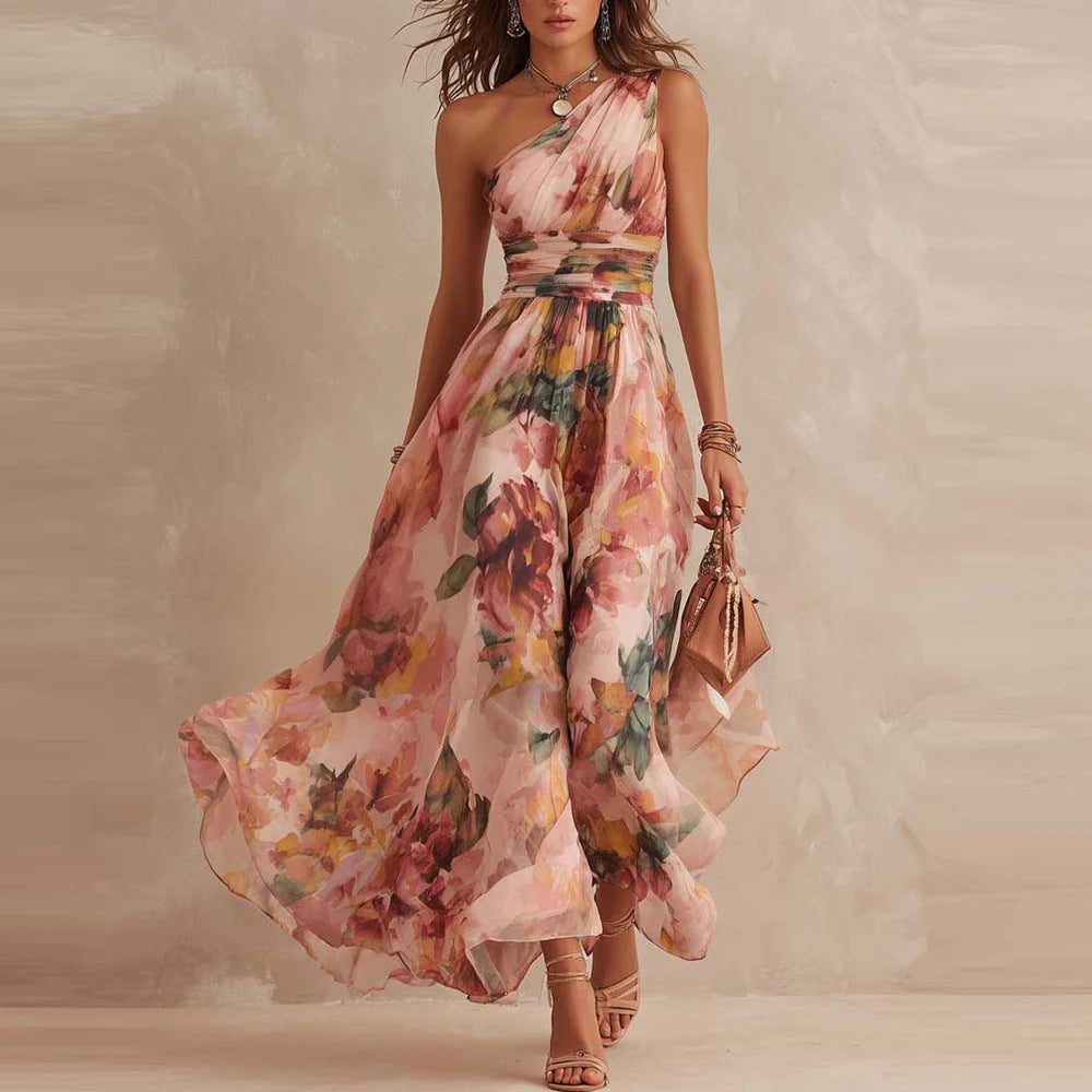 Vestido largo de mujer con escote asimétrico