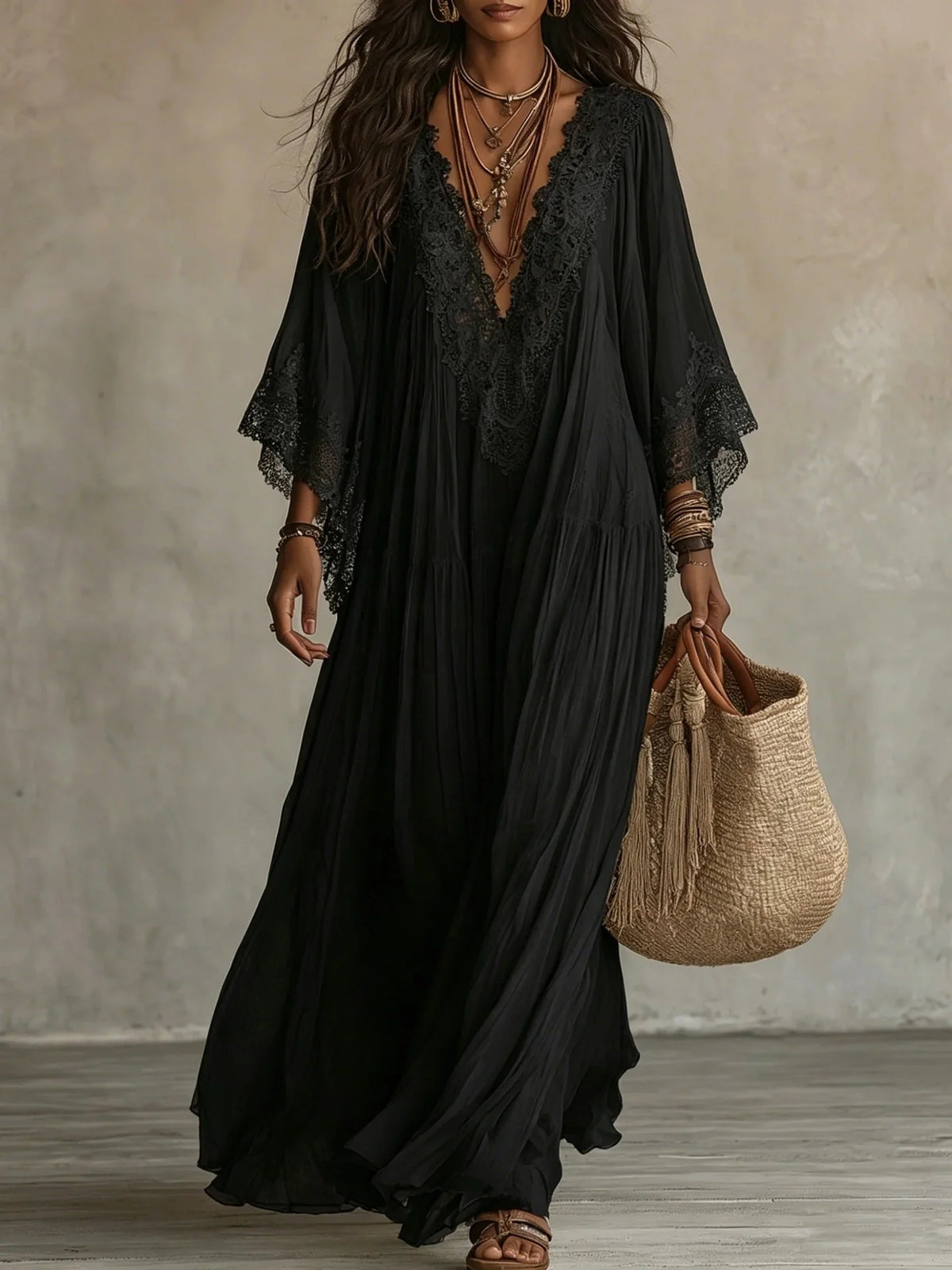 Vestido largo de mezcla de lino para mujer con mangas de encaje