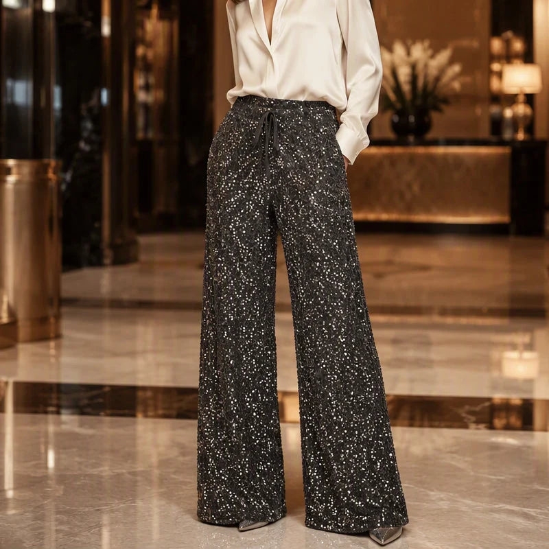 Pantalones de lentejuelas para mujer con cintura ajustable con cordón