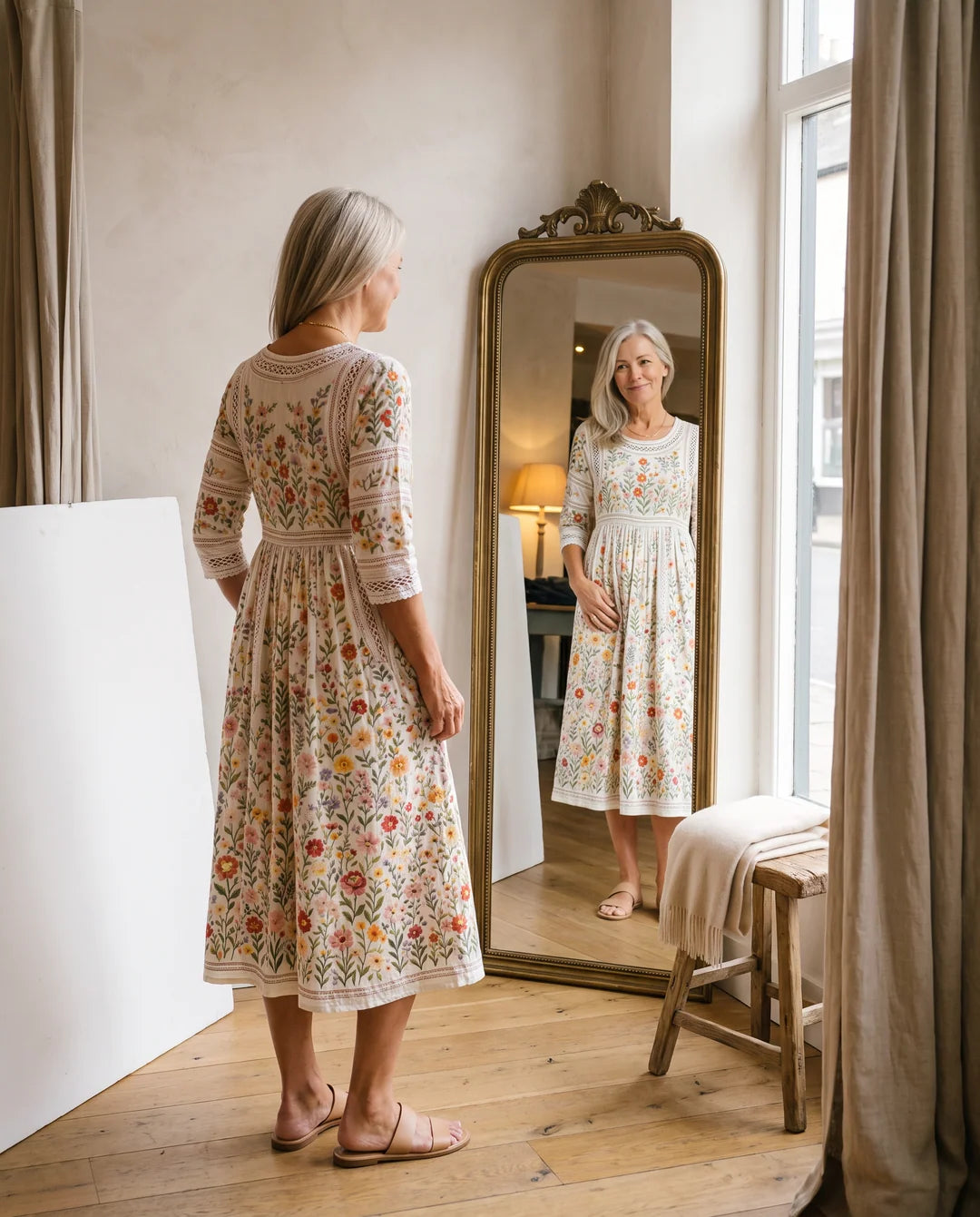 Vestido midi de mujer con encaje y bolsillos laterales