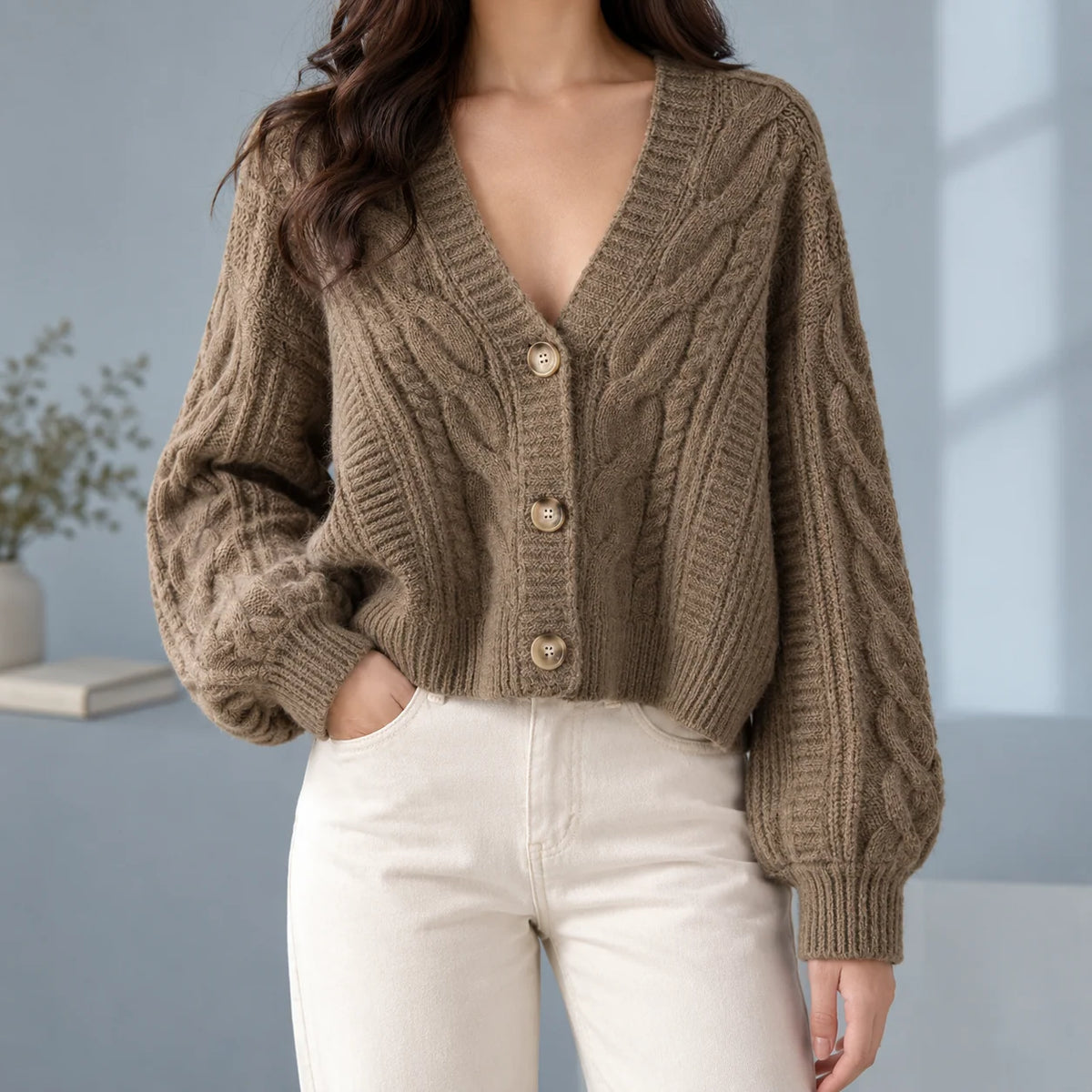 Chaqueta de punto trenzado para mujer con mangas abullonadas