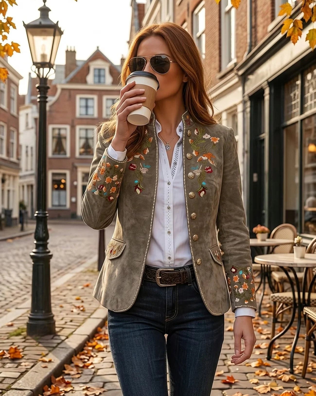 Chaqueta de mujer con cuello alto y bordado de flores