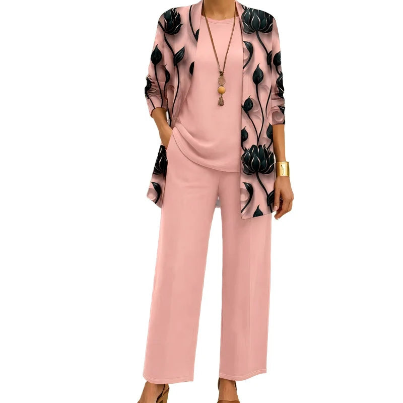Conjunto de tres piezas para mujer con cárdigan largo estampado