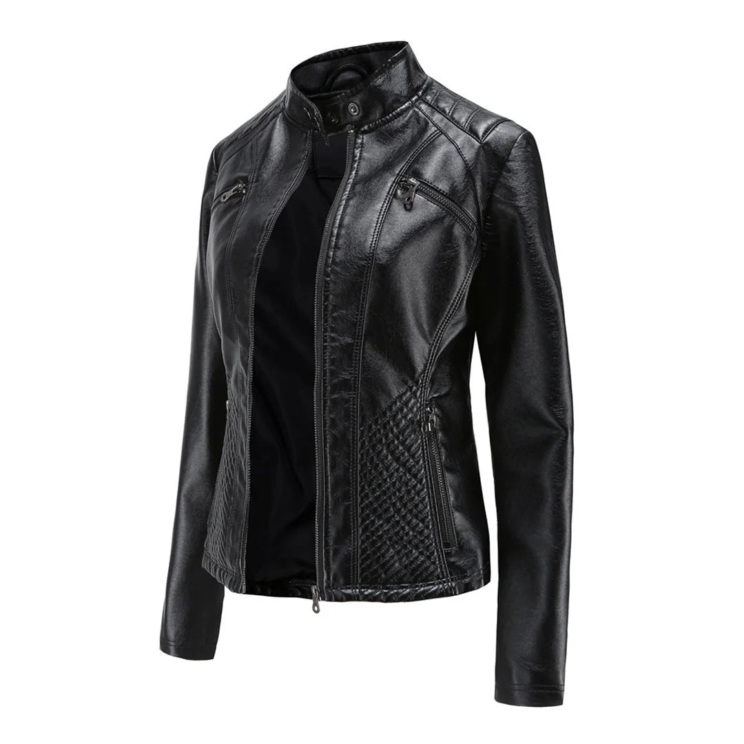 Chaqueta de cuero para mujer con cremallera asimétrica