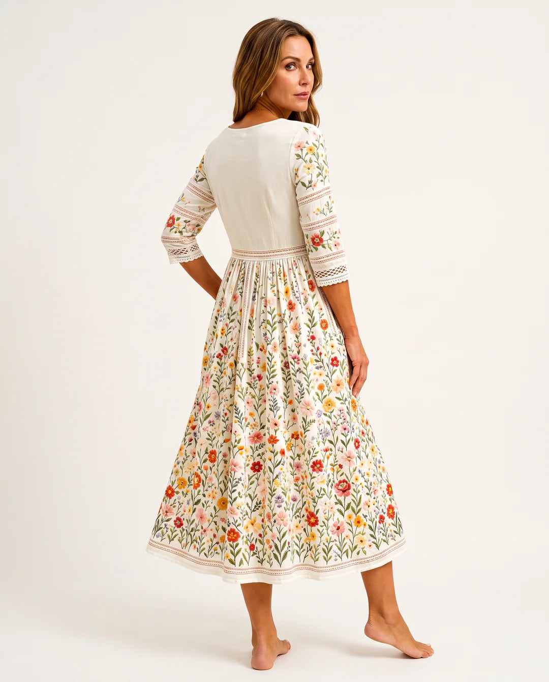 Vestido midi de mujer con encaje y bolsillos laterales