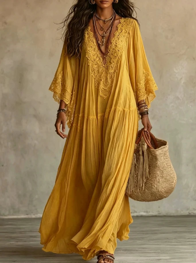 Vestido largo de gasa para mujer con encaje y falda de volantes