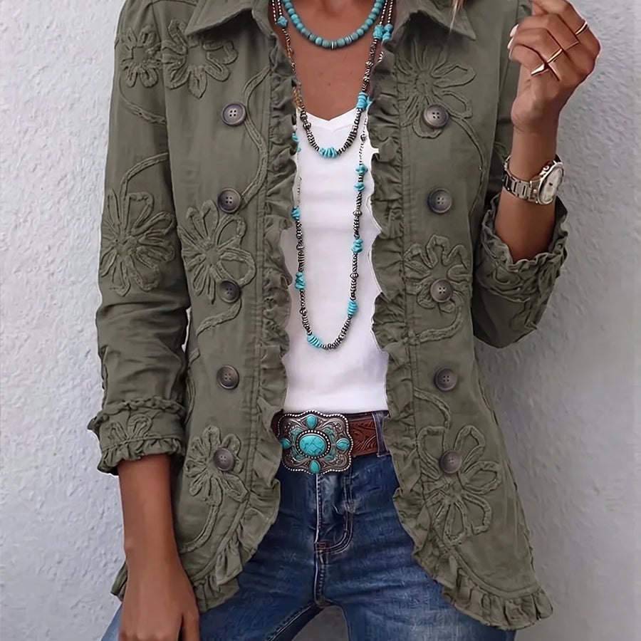 Chaqueta de mujer con bordado floral y volante en el dobladillo