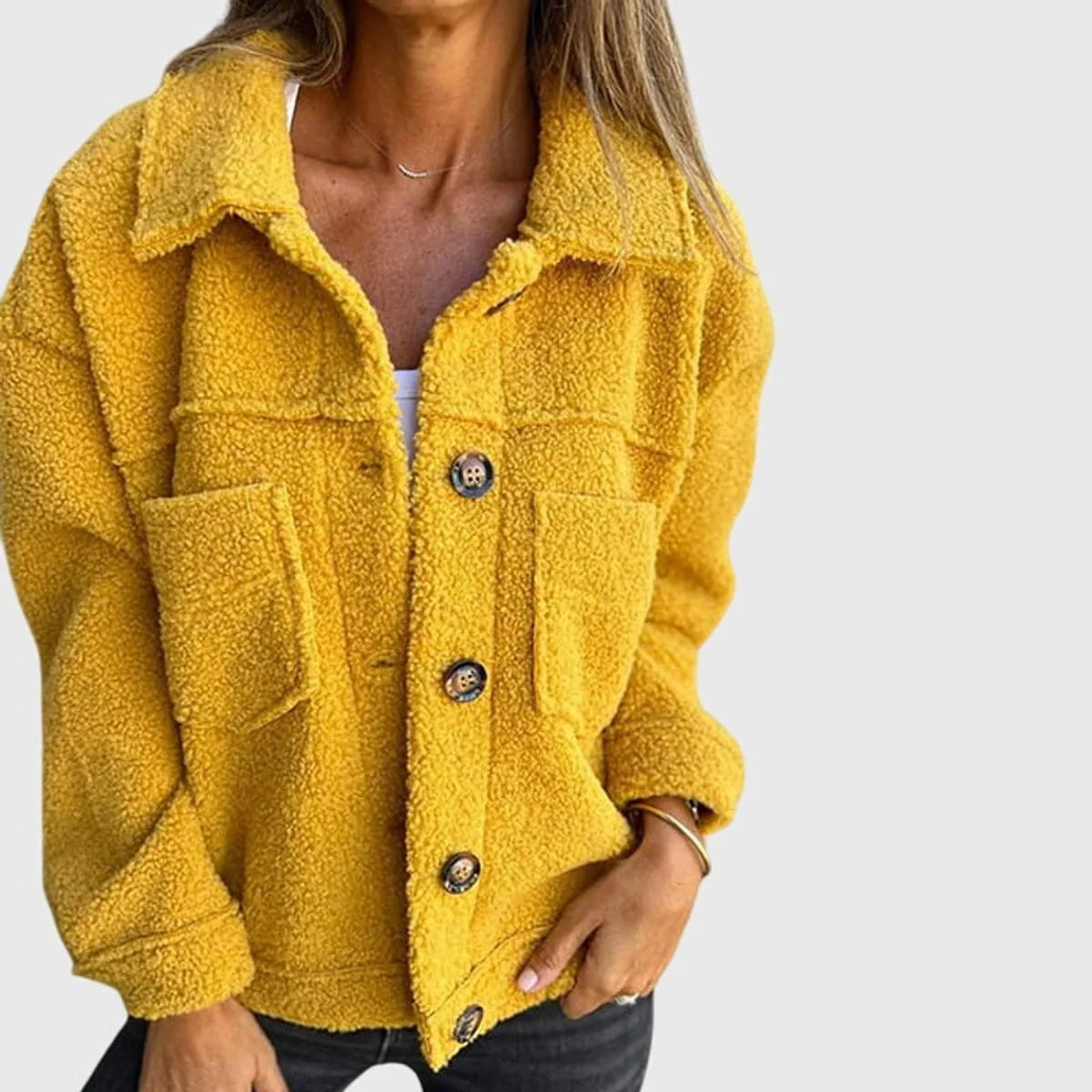 Chaqueta de forro polar Sherpa para mujer con gran botonadura