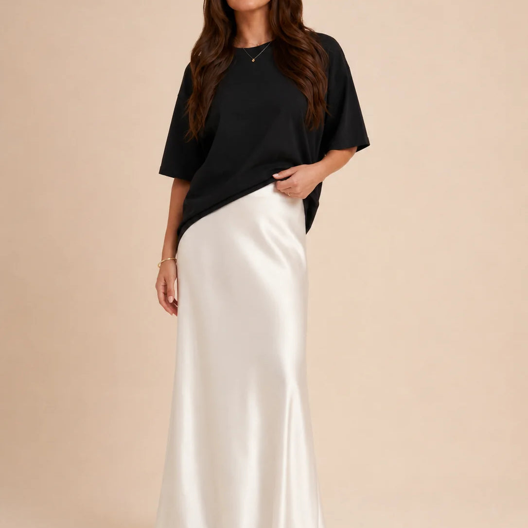 Falda maxi de talle alto para mujer con brillo discreto
