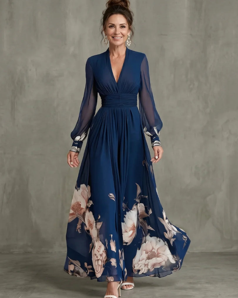 Vestido maxi de mujer con mangas transparentes y cintura fruncida