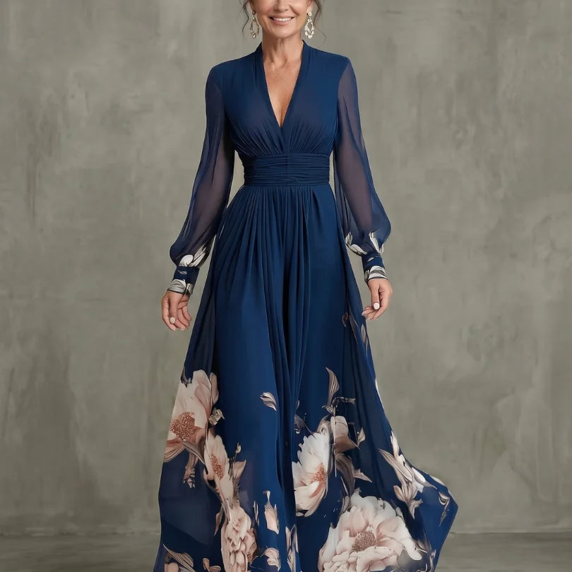 Vestido maxi de mujer con mangas transparentes y cintura fruncida
