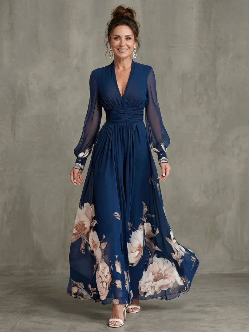 Vestido maxi de mujer con mangas transparentes y cintura fruncida