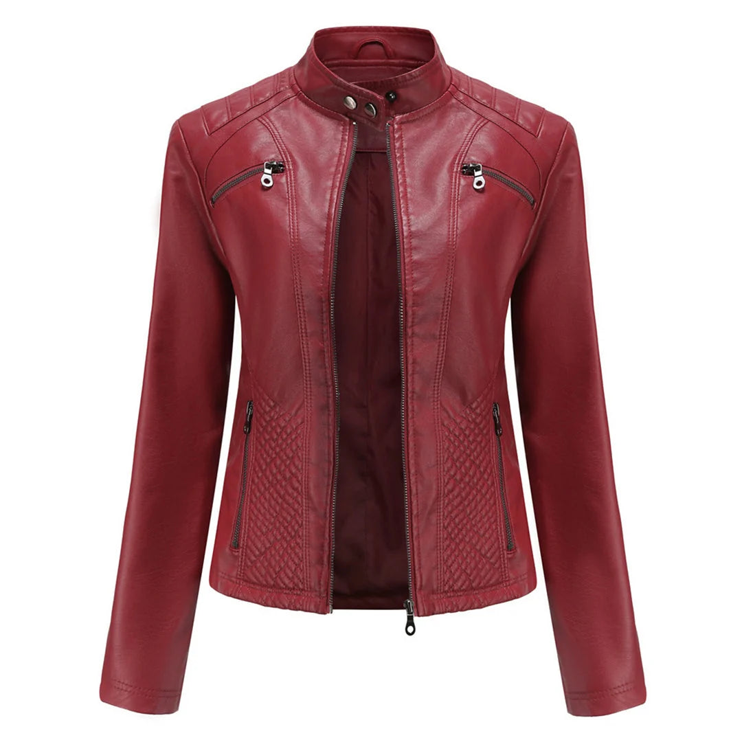 Chaqueta de cuero para mujer con cremallera asimétrica