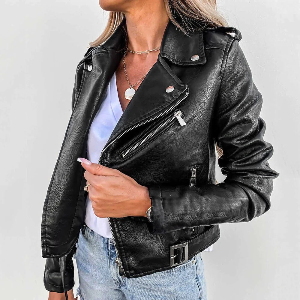 Chaqueta de motociclista de cuero para mujer con cinturón ajustable en la cintura