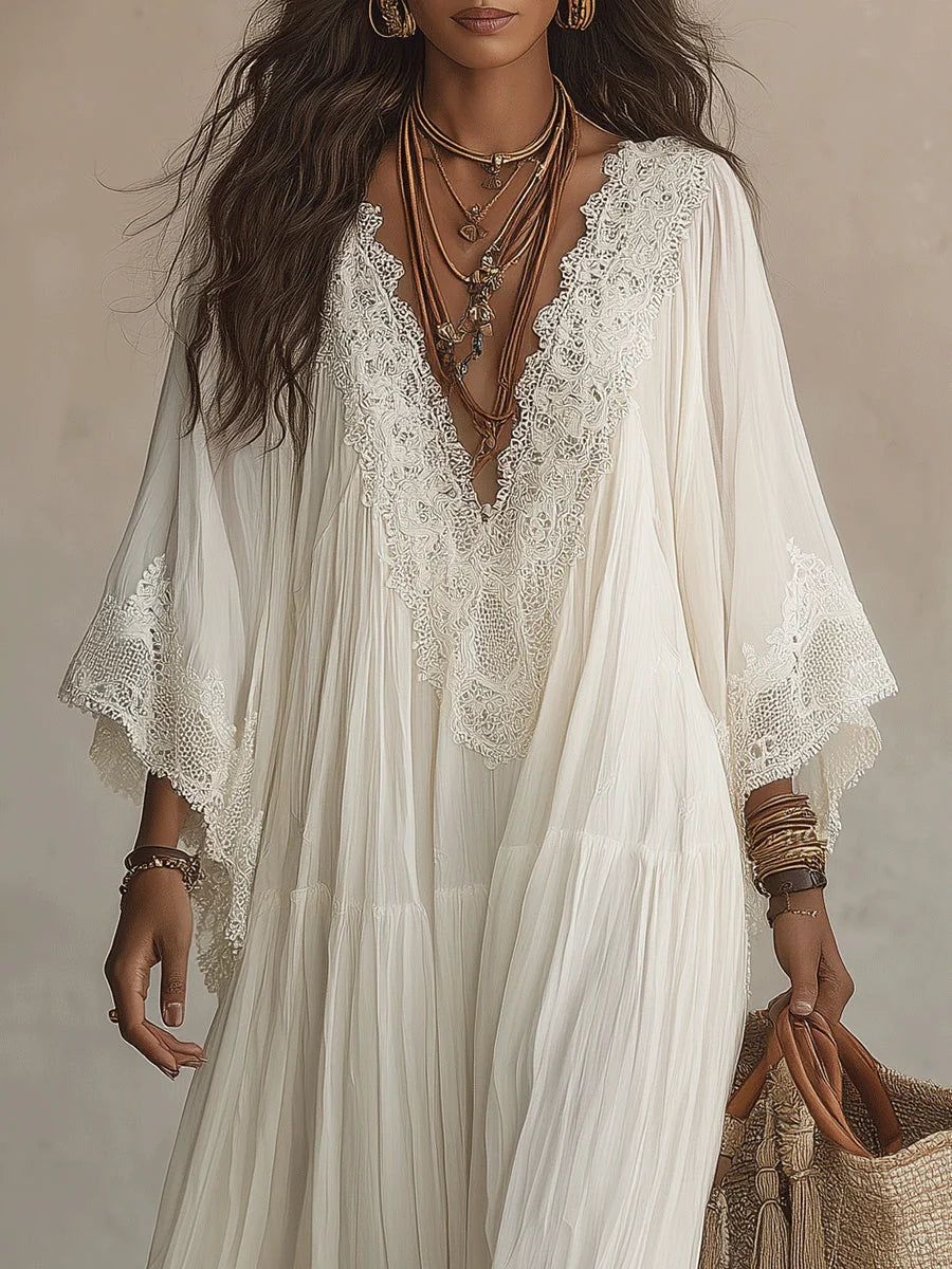Vestido largo de mezcla de lino para mujer con mangas de encaje