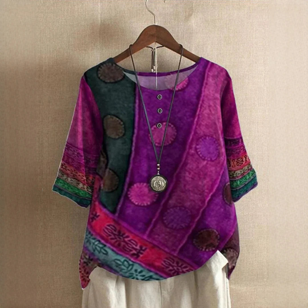 Blusa de mujer con estampado vintage y cuello redondo