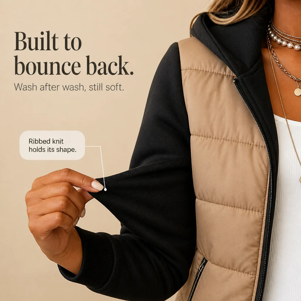 Chaqueta acolchada tipo puffer para mujer, mezcla de algodón con mangas de punto