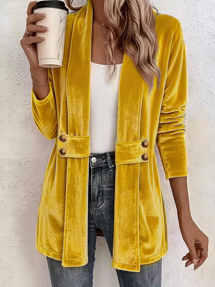 Blazer largo de terciopelo para mujer con solapas en la cintura