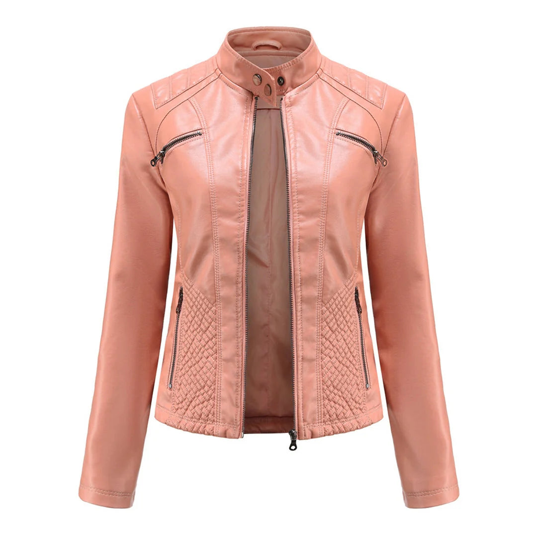 Chaqueta de cuero para mujer con cremallera asimétrica