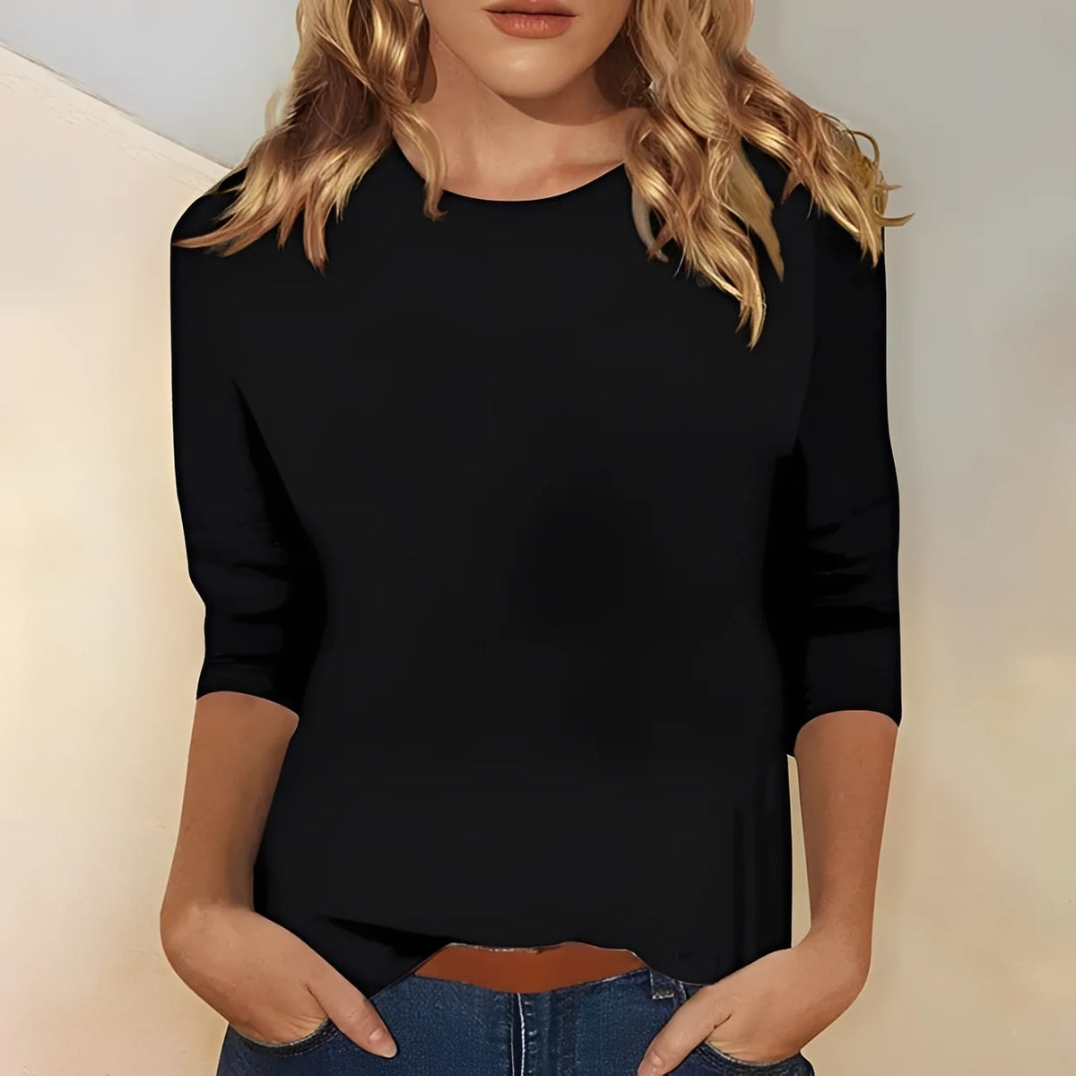 Blusa de manga larga para mujer con cuello redondo