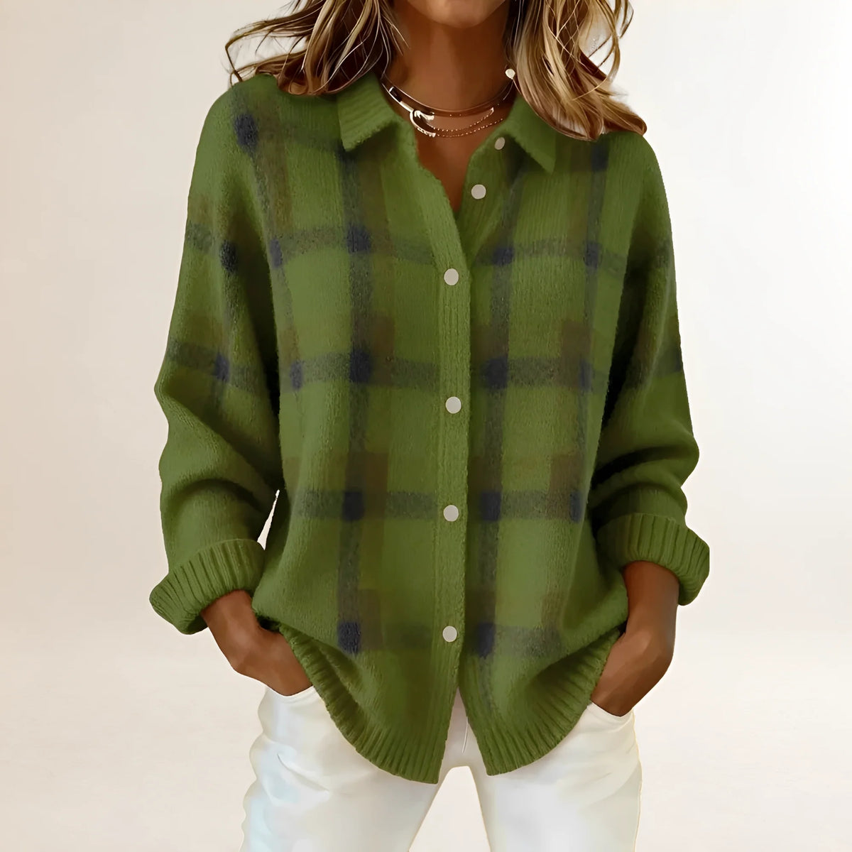 Cardigan de punto para mujer con estampado de cuadros y cuello con solapa
