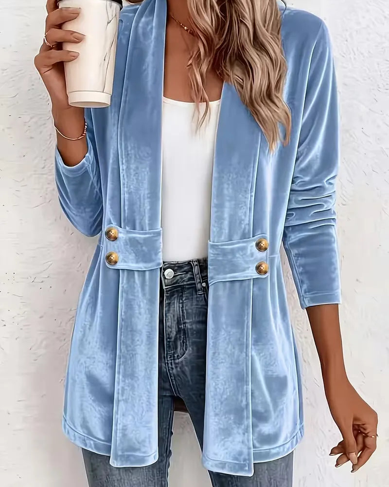 Blazer largo de terciopelo para mujer con solapas en la cintura