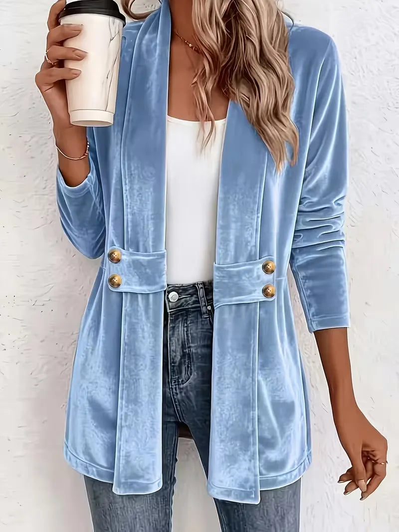 Blazer largo de terciopelo para mujer con solapas en la cintura