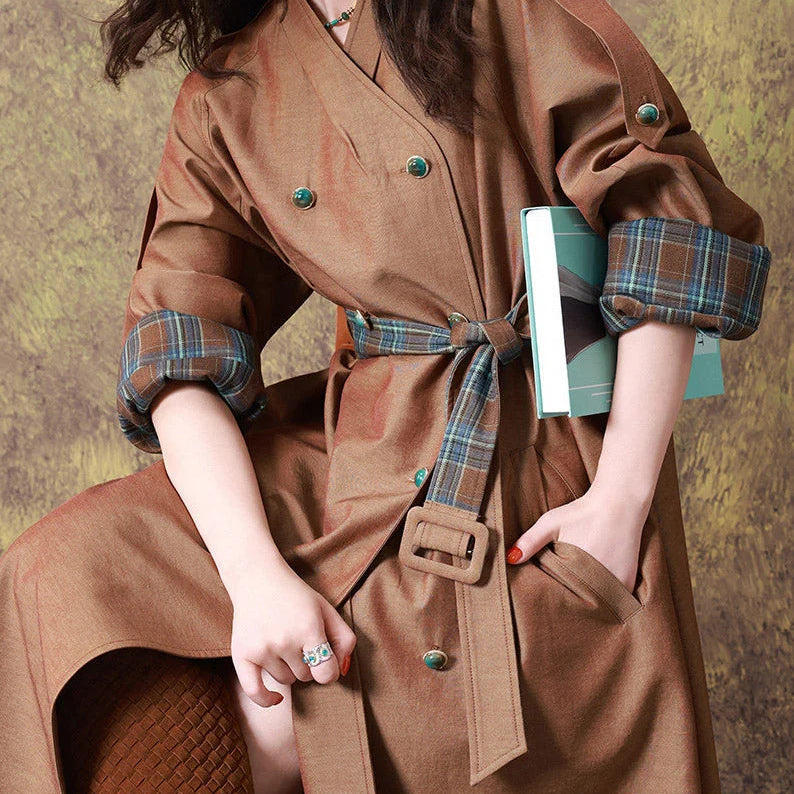 Abrigo trench para mujer con escote en V y cinturón para atar