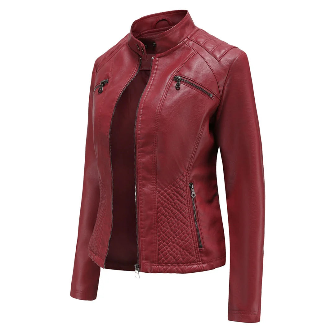 Chaqueta de cuero para mujer con cremallera asimétrica