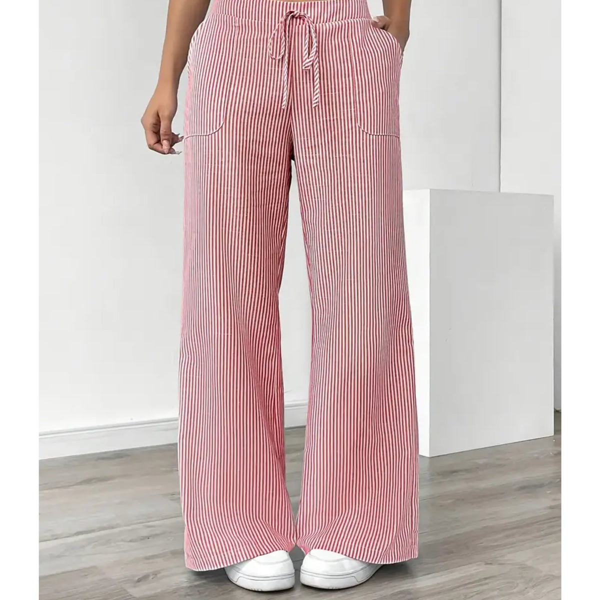 Pantalones palazzo para mujer con cintura de cordón y bolsillos