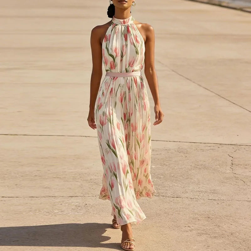 Vestido largo plisado para mujer con estampado floral