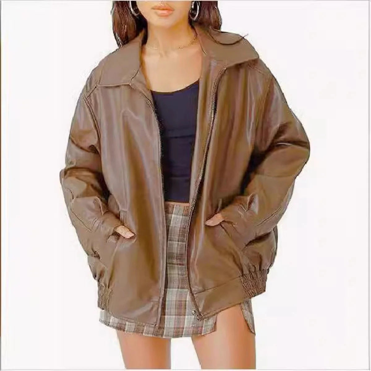 Chaqueta bomber de cuero sintético para mujer con bolsillos laterales profundos