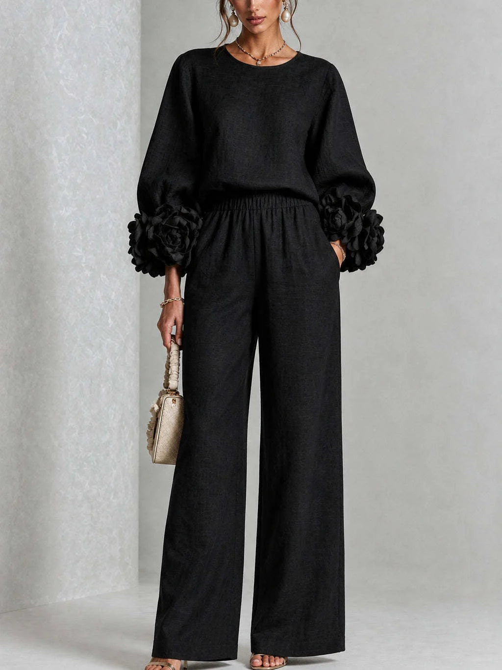 Conjunto de dos piezas para mujer con cintura alta y puños florales